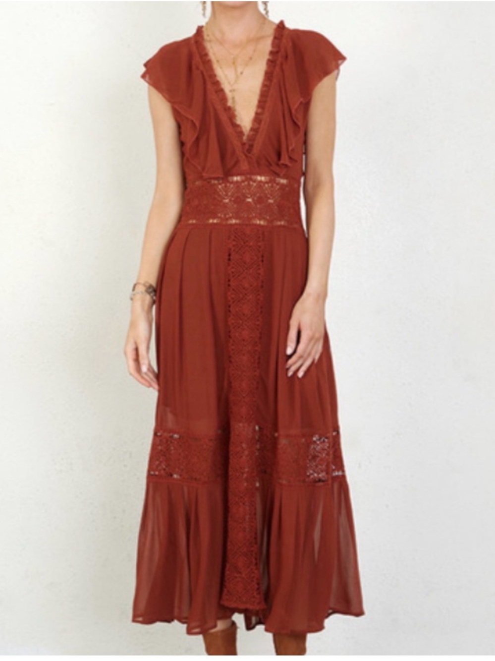 Chan Luu Boho Rust Brown Ruffle Maxi Dress - Picture 3 of 8